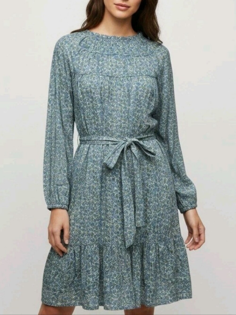 Birds Of Paradis Teal Floral Nia Tiered Tie Waist Long Sleeve Mini Dress XS